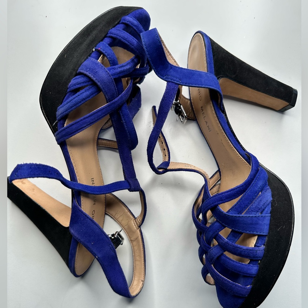 ANTONIO MELANI Royal Blue Crossed Peep-Toe Heels